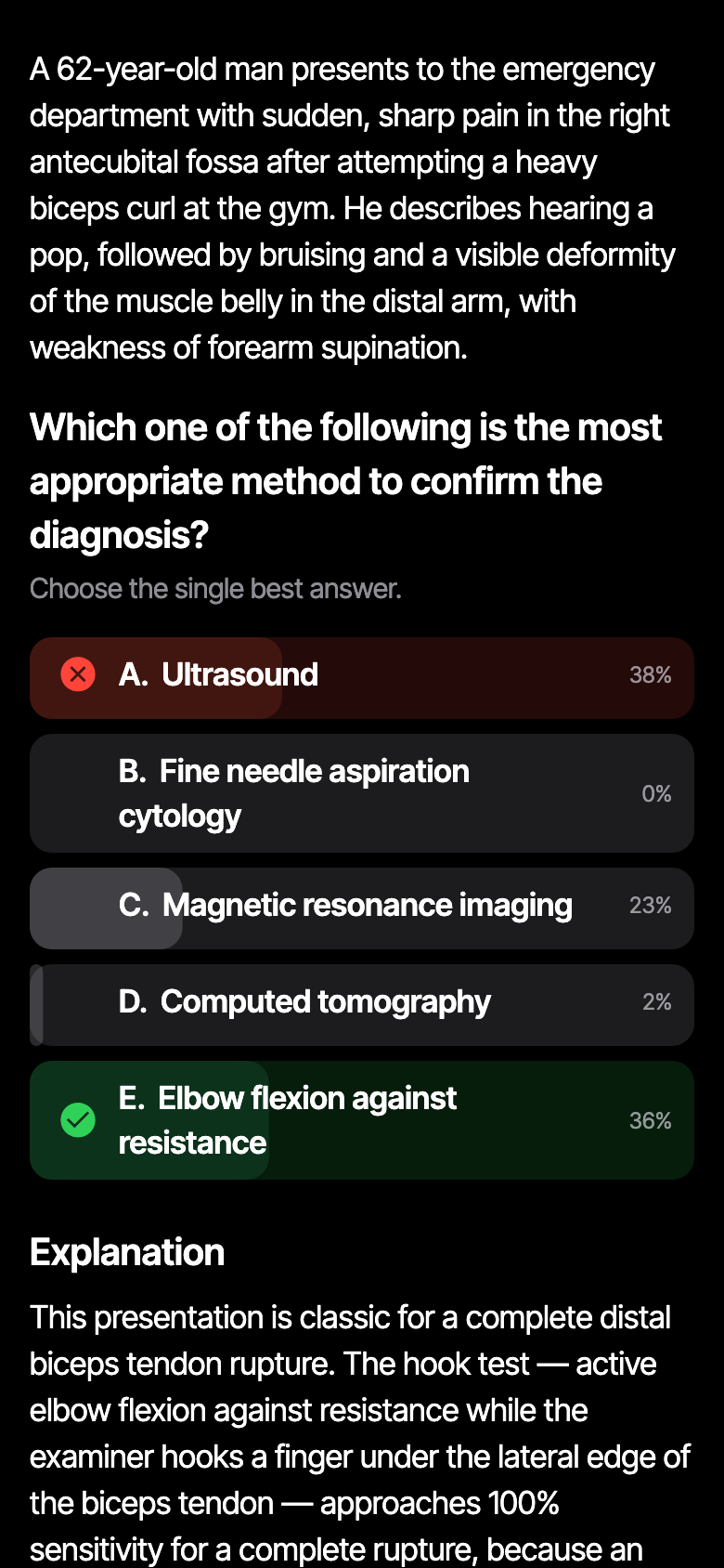 An answered question in DuoVa with the correct option ticked, the chosen wrong option crossed, answer percentages and a worked explanation.