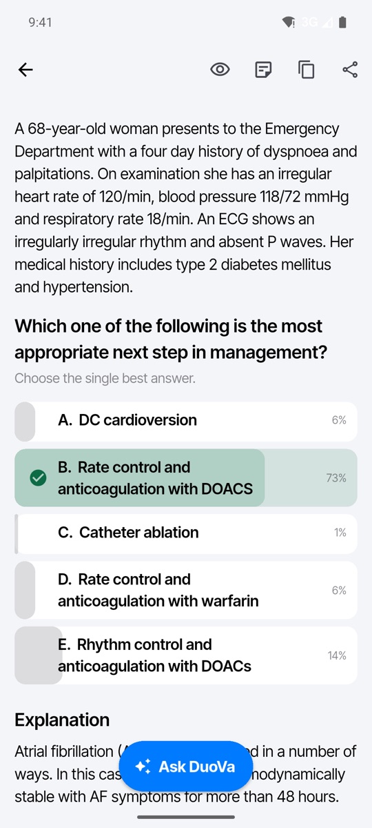 The answer revealed: rate control and anticoagulation with DOACs, with the community’s answer split beside each option.