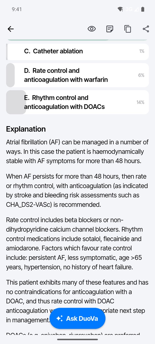The worked explanation for the atrial fibrillation question, with the Ask DuoVa button.