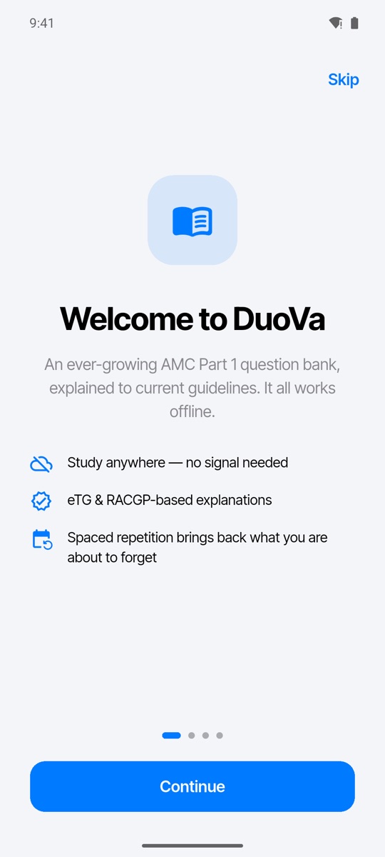 DuoVa welcome screen: an ever-growing AMC Part 1 question bank, explained to current guidelines, that works offline.