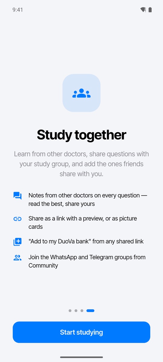 DuoVa tour: notes from other doctors on every question, sharing AMC questions with your study group, and adding the ones friends share.